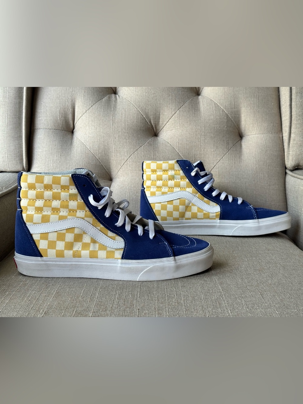 Vans SK8-Hi Checkerboard Mens Size 10 Blue Yellow Walking Skate Shoes Sneakers